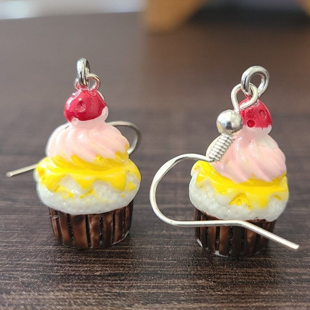 Handmade Pink Cupcake Cherry Drop Earrings Silver Tone Novelty Food Jewelry 1.5"